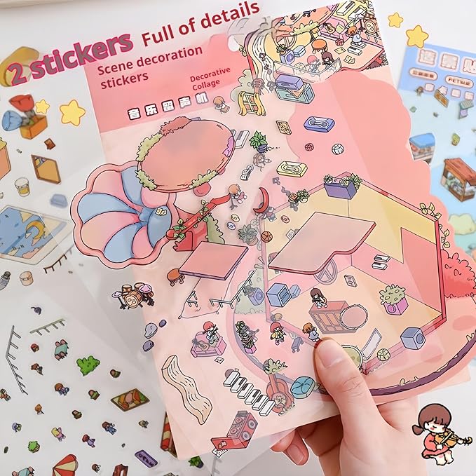 selgratwin DIY 3D Sticker Scenes for Adults Kids Reusable Cute Scene Stickers with Tweezer and Gem Stickers DIY Fun Mini Shops,playgrounds,Dream Houses Sticker Therapy Relief Stress ﻿Pass The time