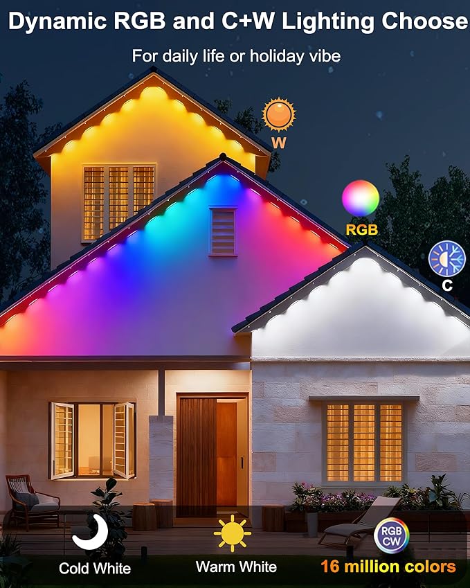 100ft Permanent Outdoor Smart Lights Pro with 60 RGBCW+IC LEDs & WiFi/Alexa Control, IP68 Waterproof Christmas Lights Outdoor Year-Round Lighting 108 Scene Modes for Daily, Halloween Décor