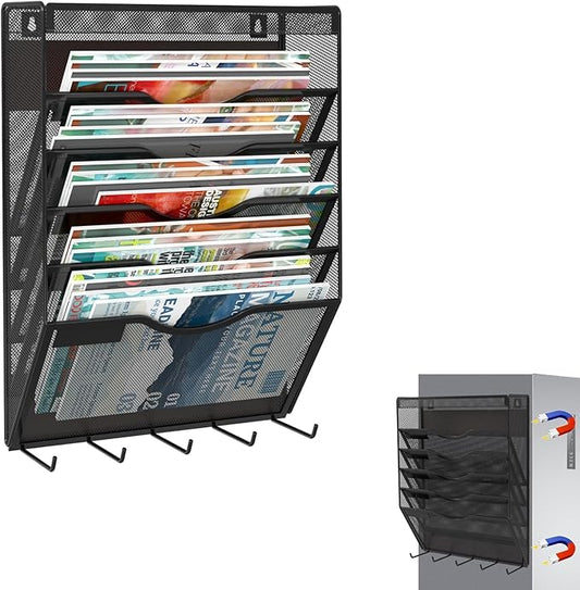 6 Tier Magnetic File Holder with Hook, Magnetic File Organizer Folder Holder, Wall File Organizer, Hanging Magnetic Paper Holder for File Cabinets, Office, Whiteboard, Magnetic Mail Holder