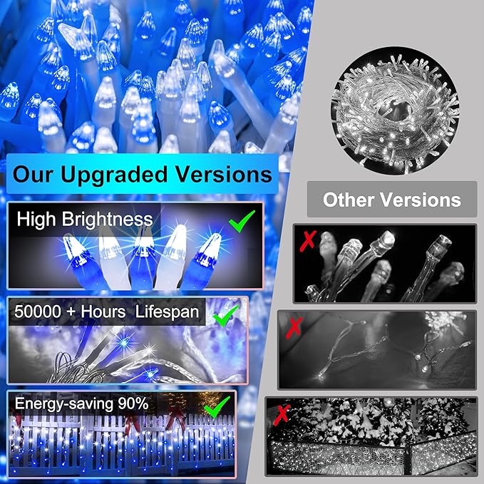 1296 LED Outdoor Christmas Lights with 288 Drops, 131FT Christmas Fairy Lights with 8 Modes Timer, Twinkly Lights IP44 Waterproof for Eaves Yard Holiday Wedding Party Decor Blue & Cool White
