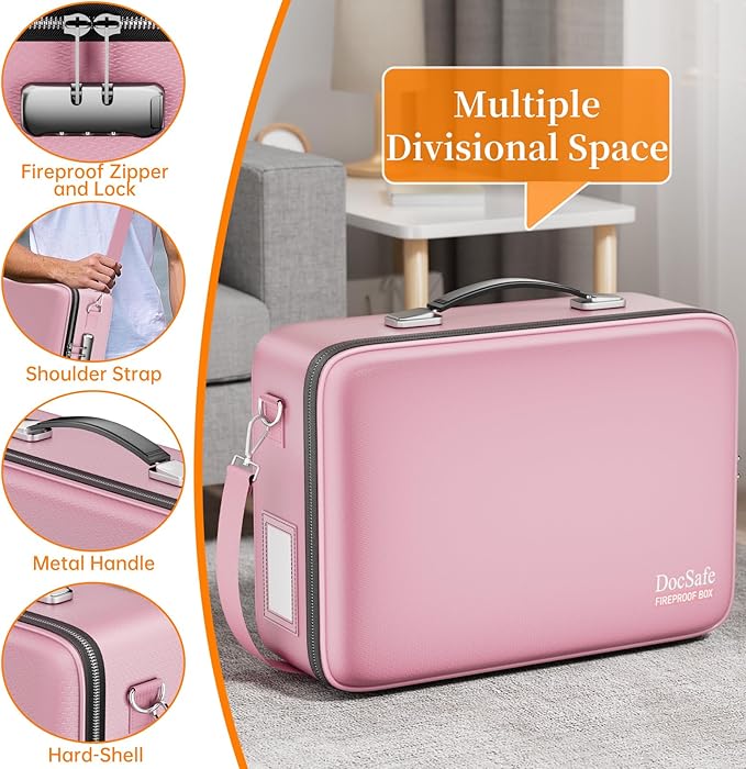 DocSafe Fireproof Document Box with Lock, Hard Case File Organizer with Accordion File Folder, Fireproof Water Resistant Safe Box Home Office Travel Storage for Important Documents Laptop Pink