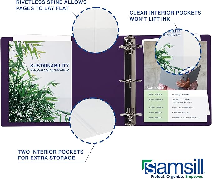 Samsill Durable 1.5 Inch Binder, Made in The USA, D Ring Binder, Customizable Clear View Cover, Plum Purple, Holds 350 Pages