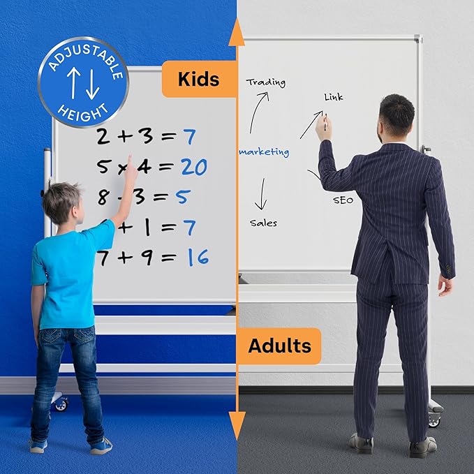 Rolling Dry Erase Board 96 x 46 - Large Portable Magnetic Whiteboard with Stand - Double Sided Easel Style Whiteboard with Wheels - Mobile Standing White Board for Office, Classroom & Home