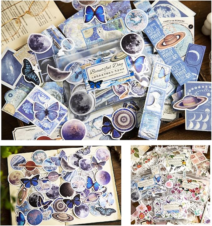 200PCS Vintage Scrapbooking Supplies Pack, Aesthetic Scrapbook Sticker Paper Art Journaling Kit for Bullet Junk Journals,Planner,Cottagecore Decor Gifts (Blue Series)
