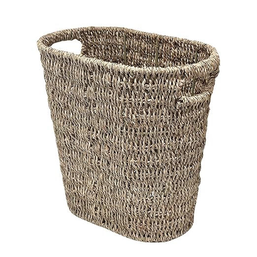 PINXIURY Bathroom Wicker Trash Can Wicker Waste Basket with Built-in Handles Seagrass Hand Woven Garbage Can for Bedroom Office Kitchen 100% Handmade