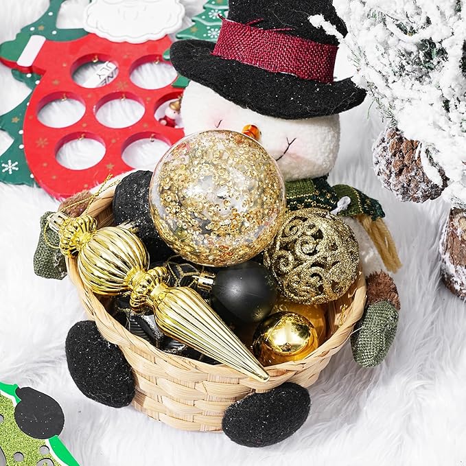 123pcs Christmas Ball Ornaments Set, Shatterproof Plastic Balls for Classic Xmas Decorations, Hanging Ornaments for Christmas Tree, Holiday, Bridal, Home Party, Gold and Black