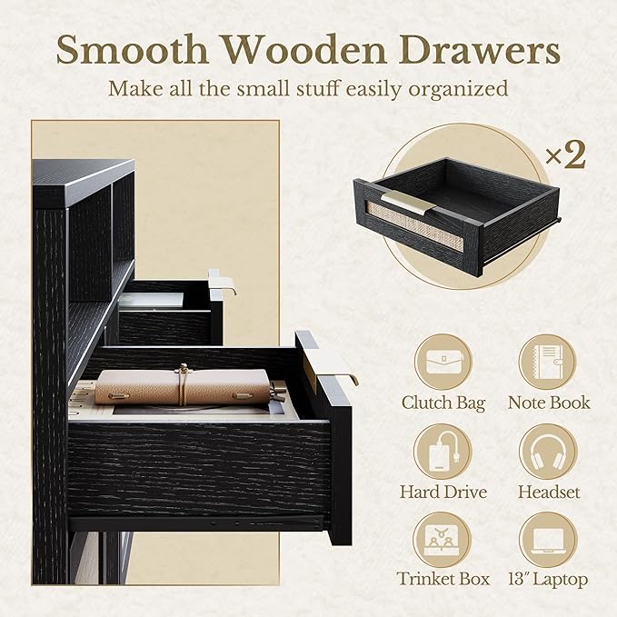 4 Drawer File Cabinet, Fluted Wood Lateral Filing Cabinet with Lock and Charging Station for Home Office, Printer Stand with Open Storage Shelves, Fits A4, Letter Size, Black