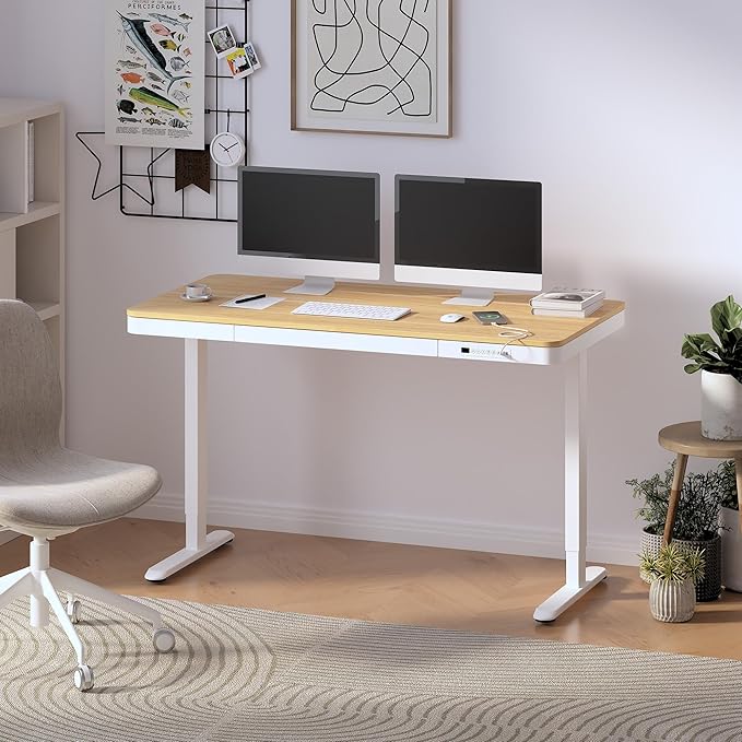 FLEXISPOT 55" Electric Standing Desk with Drawers, Quick Assembly Home Office Sit Stand Desk with Storage, USB Charging, Computer Desk for Home Office (Maple Top + White Adjustable Frame, Comhar)