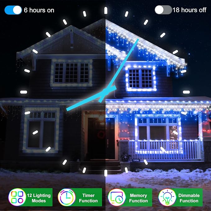 164FT 1620 LED Outdoor Christmas Lights - 360 Ice Drops, 12 Pro Modes with Timer Memory & Brightness, Waterproof Hanging Ice String Light for Holiday Wedding Garden Fence House Decor (White & Blue)