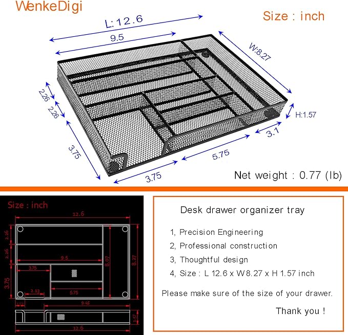 2-Pack Desk Drawer Organizers, 6-Compartment Metal Mesh Trays for Pens, Paper Clips, Office Supplies, Ventilated Storage Inserts for Home, Office, School, 12.6 x 8.27 x 1.57 Inches, Black