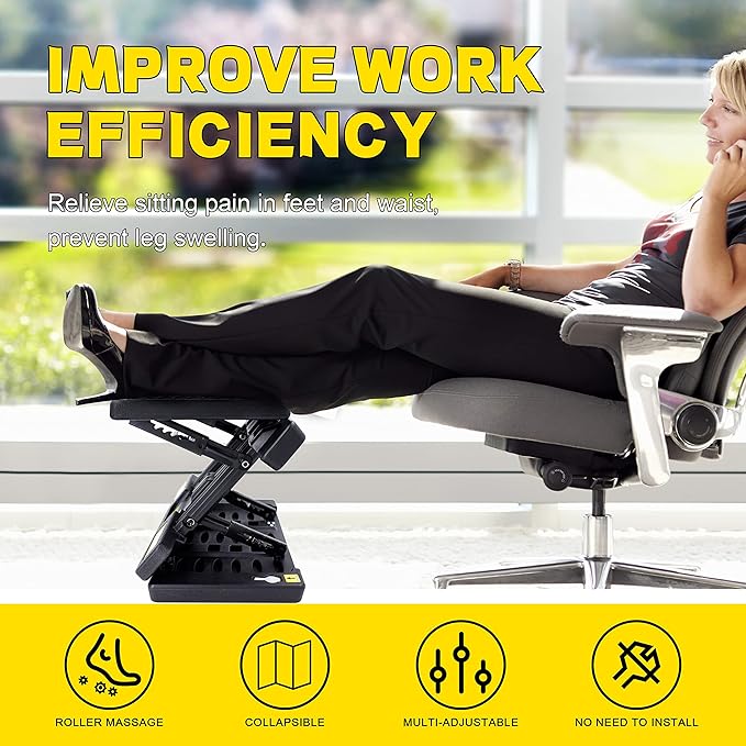 Footrest for Under Desk, Height Adjustable Footrest with Massage Roller and Thick Cushion, Foldable Ergonomic Foot Rest for Car, Office, Home, Train