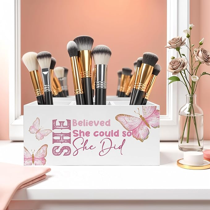 She Believed She Could Pencil Pen Holder for Desk, Inspirational Gifts for Women, Retro Coquette Butterfly Wooden Pencil Holder Organizer for Home Office Desk Accessories