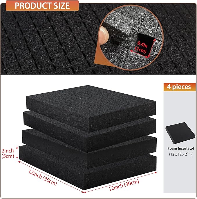 Pre-Cubed Pick & Pluck Foam Sheets - 4-Pack (12"x12"x2") Polyurethane Apart Insert Pads Liners for Toolboxes, Storage Drawer and Crafts
