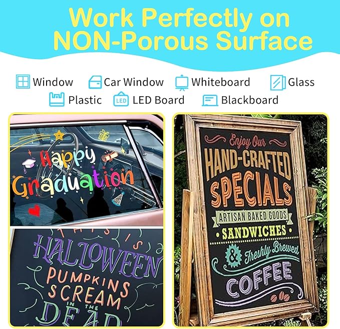 Liquid Chalk Markers for Blackboard, 24 colors Erasable Chalk Markers Pen for Windows, Glass, Chalkboard, Blackboard, Auto, Mirror, Calendar - 6mm Reversible Bullet&Chisel Tip &36pcs Chalkboard Lables