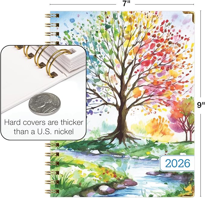 HARDCOVER 2026 Planner, 7"x9": 14 Months (November 2025 - December 2026), Daily Weekly Monthly Planner, Yearly Agenda, Bookmark, Pocket Folder and Sticky Note Set (Tree Seasons)