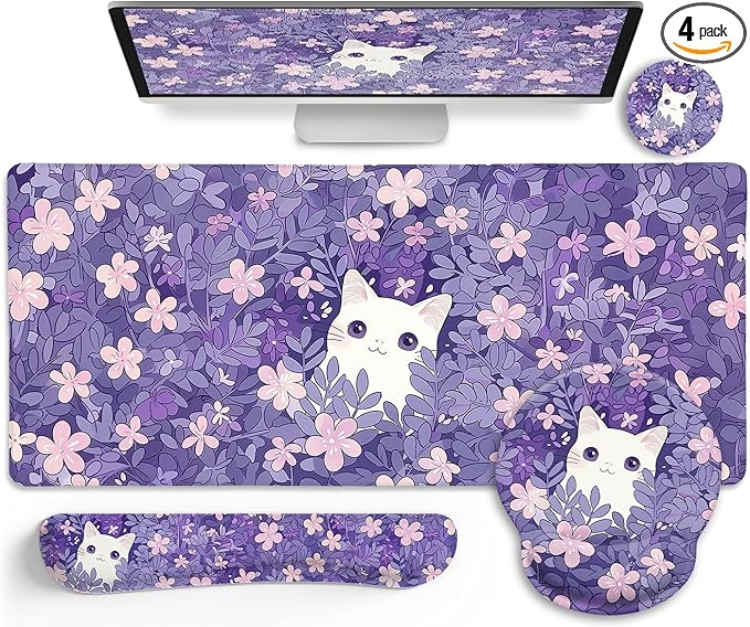 Purple Mouse Pad Large Desk Mat Set, Kawaii Cat Computer Mouse Pad with Wrist Rest Keyboard Wrist Support XXL Mousepad Cup Coaster Set, Cute Purple Office Desk Accessories Cat Decor Supplies