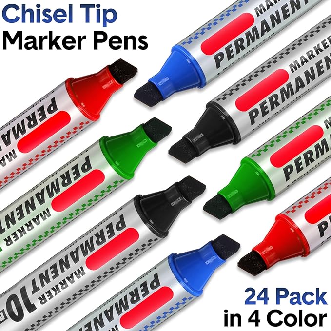 Thenshop 24 Pack Jumbo Size Permanent Markers Bulk Permanent Marker Set Chisel Tip Pens Waterproof for Industrial Use Work on Wood Metal Plastic Stone Glass(Black, Blue, Red and Green)