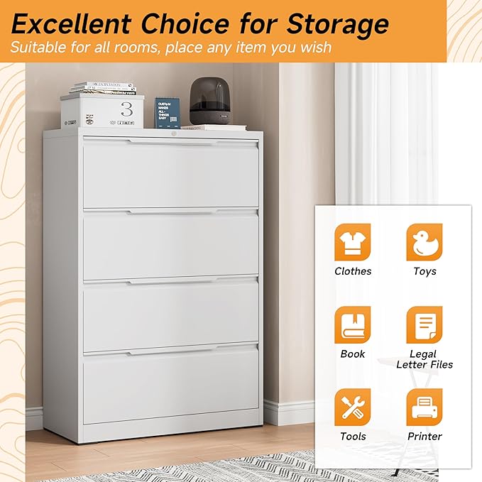 Bestoo 4 Drawer Lateral File Cabinet, Metal Lateral Filing Cabinet with Lock for Hanging Files Letter/Legal/F4/A4 Size, Easy Assemble White