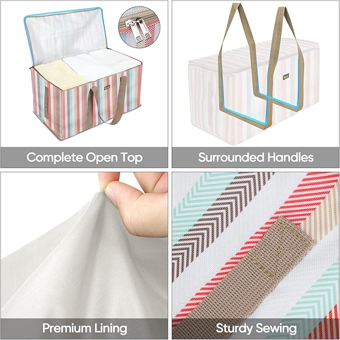 BALEINE Extra Large Storage Tote with Zippers & Carrying Handles, Heavy-Duty Oxford Fabric Moving Bags for Laundry, Space Saving, Storage, 2-Pack, Color Stripe
