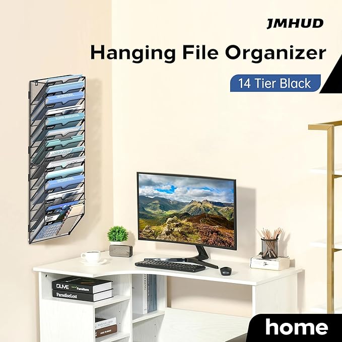 14 Tier Wall Hanging File Organizer, Paper Folder Holder Wall Mounted, Metal Mail Sorter for Office Home School, Black 2 Pack