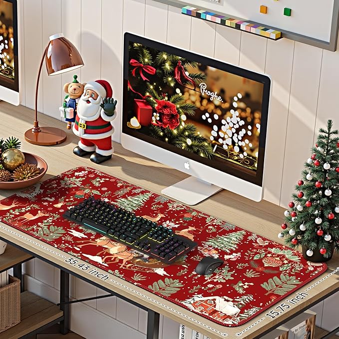 iCasso Christmas Desk Mat,Aesthetic Large Mouse Pad with Stitched Edges, Anti-Slip Big Mousepad for Desktop Decoration for Women Home (Red)
