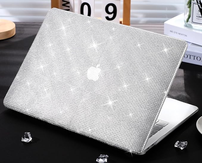 KEROM Bling Glitter Case for MacBook Pro 16 inch 2024-2021 M4 M3 M2 M1 Pro/Max Chip A3403 A3186 A2991 A2780 A2485, Luxury Bedazzled Shiny Sparkle PU Leather Hard Shell Case & Keyboard Cover, Silver