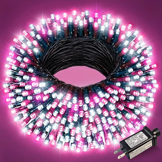 100FT 300 LED Christmas Lights, Christmas Tree Lights with 8 Modes Waterproof, Green Wire Outdoor String Lights, Plug in Xmas Decorations for Indoor House Yard Holiday, Pink White