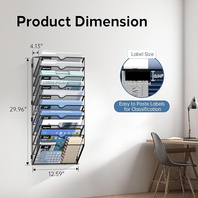 10 Tier Wall Hanging File Organizer, Paper Folder Holder Wall Mounted, Metal Mail Sorter for Office Home School, Black 2 Pack