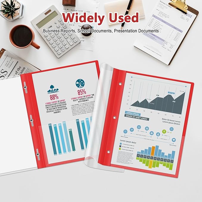 Ndsox 5 Packs Clear Front Report Covers with 3-Prong Fasteners, Plastic Project Presentation Folders Resume Document Covers with Red Back for 8.5" x 11" Letter Size Paper for School Office Business