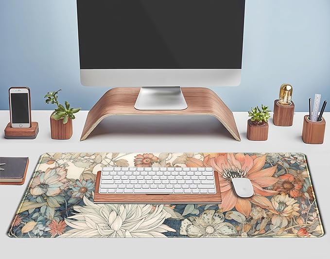 Japanese Minimalist Floral Desk Mat Aesthetic Flowers XL Large Extended Gaming Mouse Pad with Stitched Edges, Big Laptop Computer Keyboard and Mouse Mat for Girl Women Office Decor 31.5x11.8 in