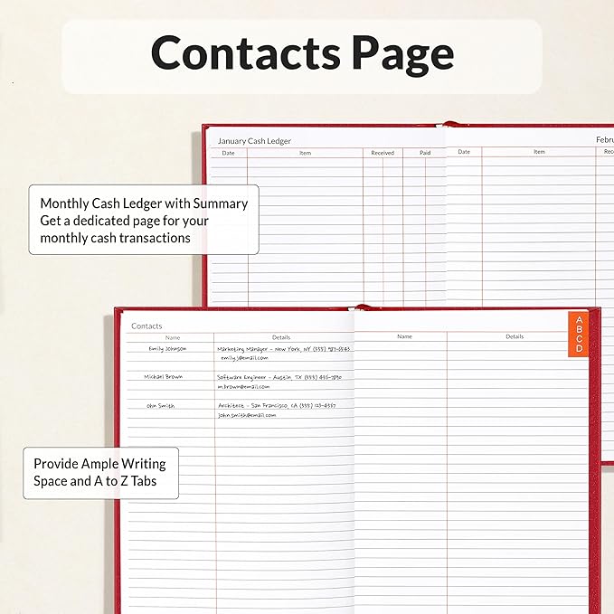 SUNEE 2026 Diary Journal Hardcover - Daily Planner Organizer for Work & School - Daily Page Layout with Holidays, Notes, Contacts - Agenda for Women & Men, Red