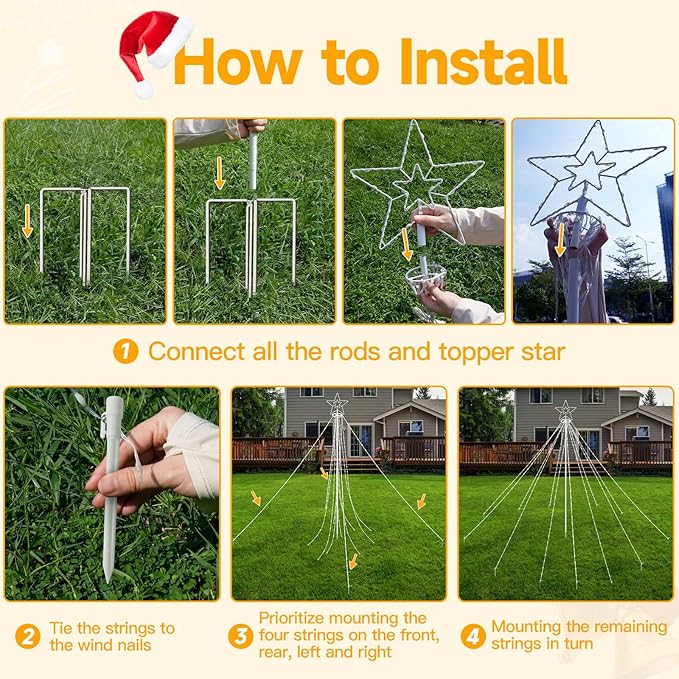 Ollny Christmas Lights Tree 340LED with Topper Star, IP67 Waterproof Remote Control Waterfall Lights with Pole, 16 Modes 3 Timers Dimmable Christmas Decorations Outdoor Yard Garden Lawn Multicolored