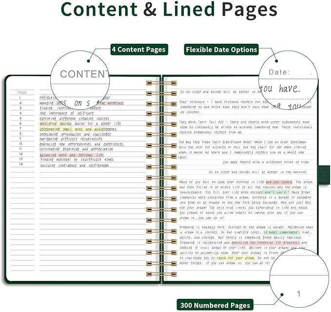 EMSHOI B5 Hardcover Leather Spiral Notebook College Ruled, 300 Numbered Pages, 100 GSM Thick Paper - Lined Journal for Men Women Work, Writing & Note-Taking, 7.48"x10.15", Dark Green