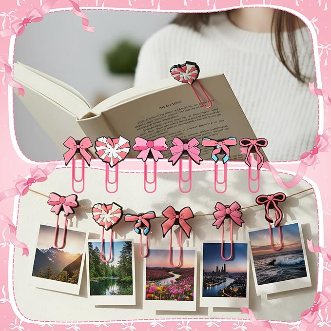 90 Pcs Pink Bow Paper Clips Cute Decorative Bookmark Clips Large Paperclips Preppy Bookmarks Planner Clip for Office Home Supplies Gifts Wedding Decoration Desk Accessories Stationery
