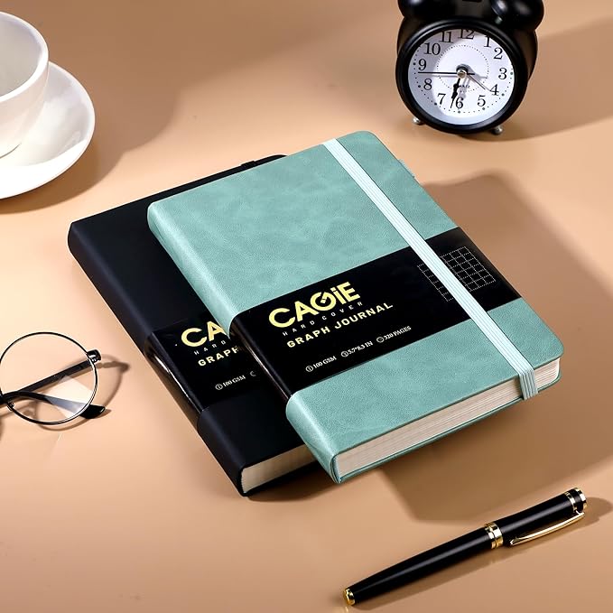 CAGIE Graph Paper Notebook- 320 Pages 100 GSM Graphing Grid Journal A5 Hardcover Leather Quad Ruled Notebooks for Engineering, Math, Work, Green