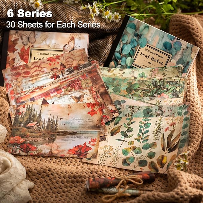 Leaf Scrapbook Paper Set, 180 PCS Vintage Botanical Ephemera for Junk Journaling, Scrapbooking, DIY Crafts, and Art Supplies