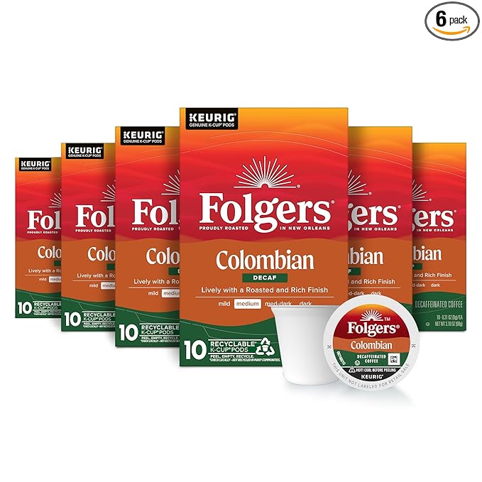 Folgers Colombian Decaf Coffee, Medium Roast, Keurig K-Cup pods, 10 Count Box (Pack of 6)