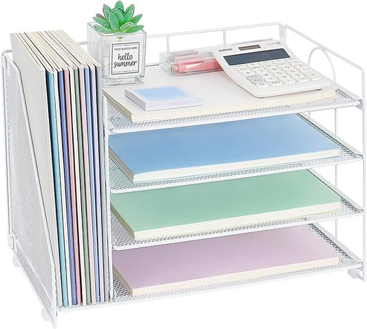 OPNCIE 4-Tier Paper Organizer with Magazine Holder, Desk Organizers and Accessories, Office Desk Accessories & Workspace Organizers, Desktop File Organizer for Office Supplies Storage, White
