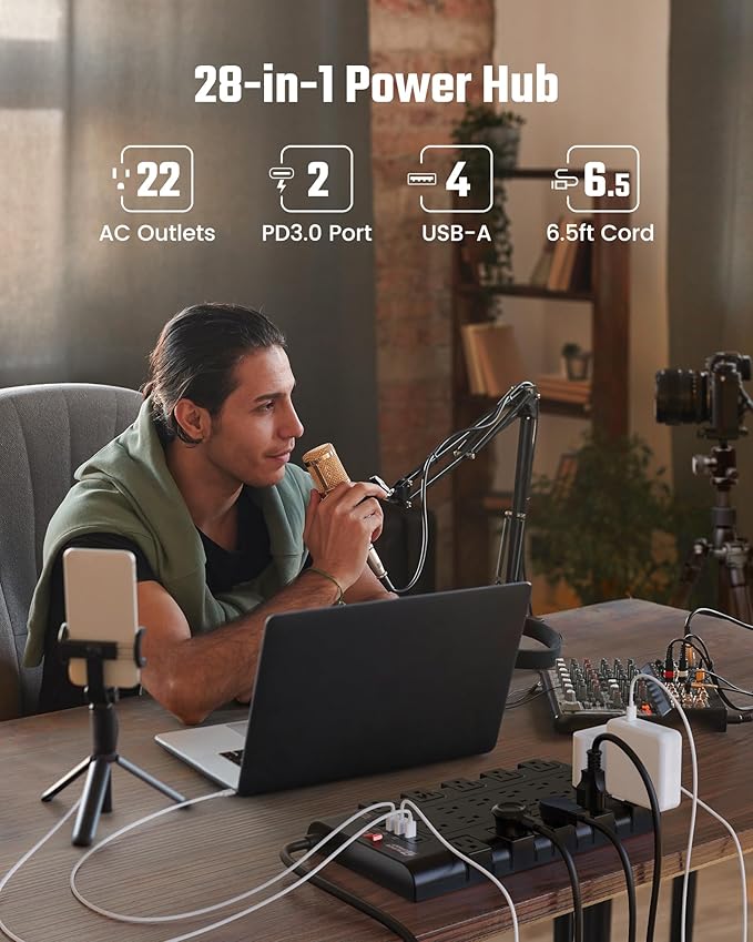 Surge Protector Power Strip, SUPERDANNY Charging Station 22 Outlets with 45W Type-C Fast Charging USB Ports, 4 USB-A, 2 USB-C, 2100J, 15A/1875W, 6.5Ft Flat Plug Extension Cord for Home Streaming Black