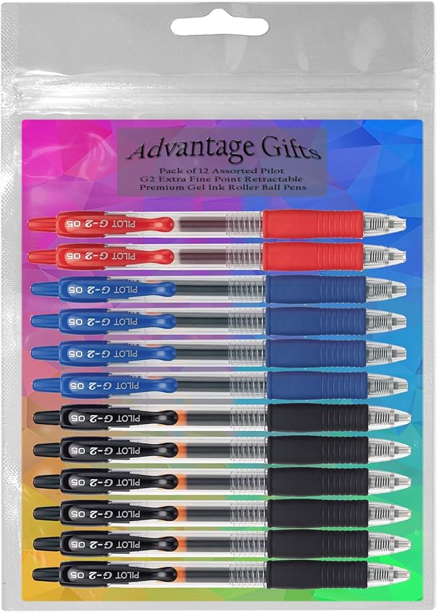 G2 Retractable Premium Gel Ink Roller Ball Pens Extra Fine Point (.5mm) Black/Blue/Red Ink 12 pack; Refillable & Premium Comfort Grip Bundle with Plastic Reusable Pouch