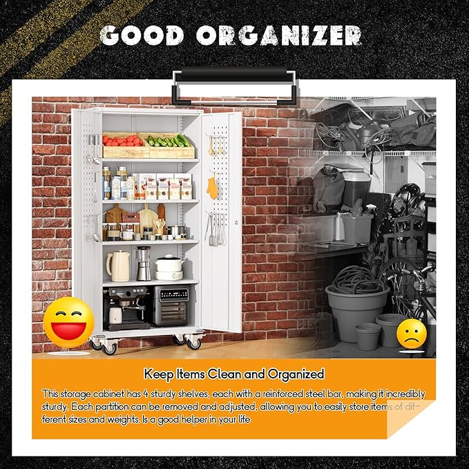 Greenvelly 72" Metal Storage Cabinet with Wheel and Pegboard, Lockable White Metal Garage Cabinets with 2 Doors and 4 Adjustable Shelves, Rolling Steel Tool Cabinet for Garage, Home Office, School