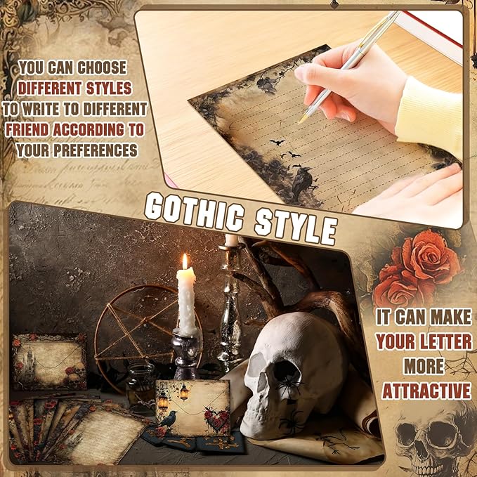 TaoBary 160 Pcs Stationery Paper Set 50 Double Sided Stationery Papers with 50 Matching Envelopes and 60 Round Dot Sticker, 10 Design(Gothic Style,8.25 x 5.5 Inch)