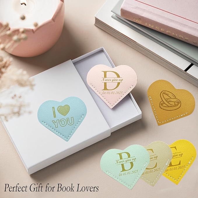 Handmade 6 Pcs Leather Heart Bookmarks - Personalized Corner Page Book Mark with Initials Custom, Cute Reading Gifts for Women Men, Teachers, Students, Mum, Dad, Book Lovers (Love 6 Pcs-Custom)