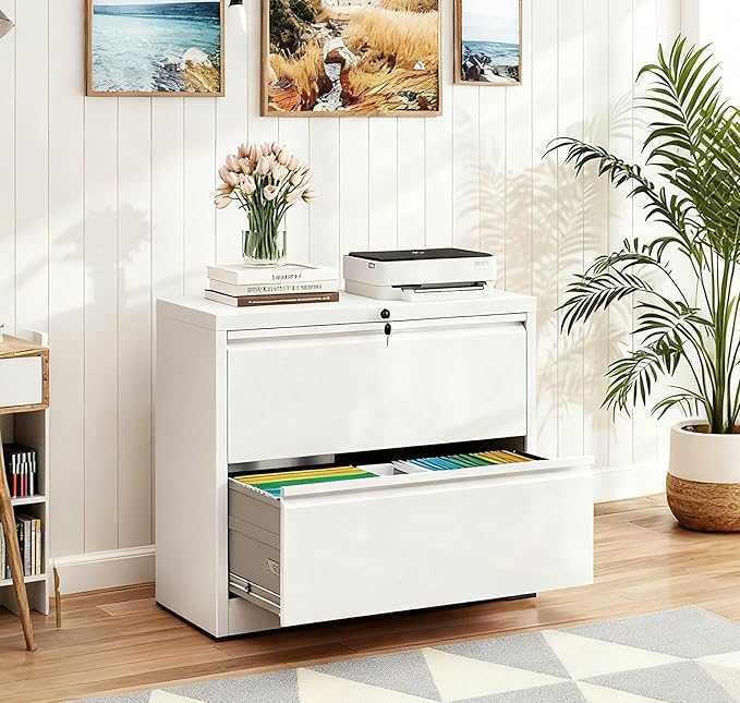 2-Drawer Lateral File Cabinet with Lock, Black Metal Filing Cabinet for Office or Home – Secure Storage for Letter/Legal/A4/F4 Documents, Easy to Assemble Locking File Organizer (White, 2 Drawer-28"H)