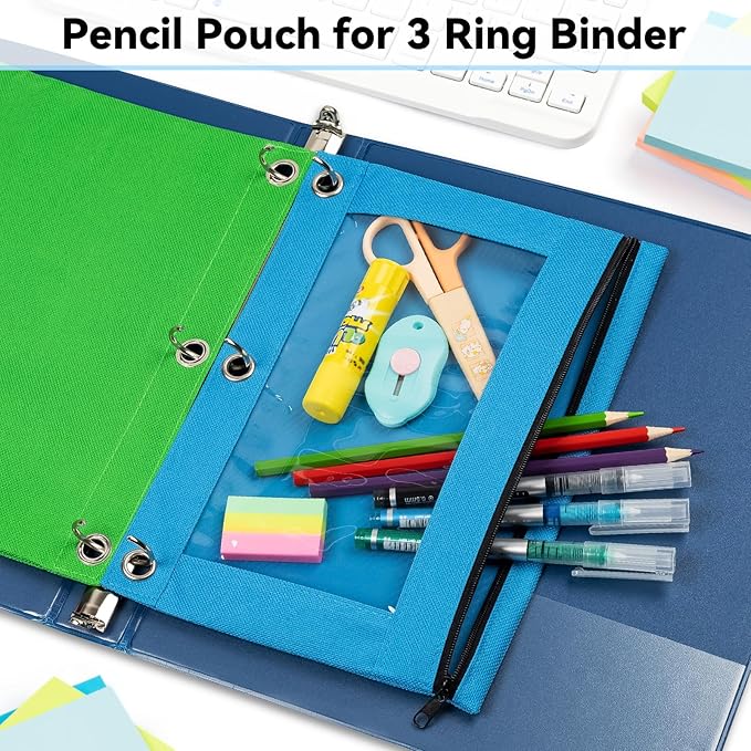 Pencil Pouch for 3 Ring Binder, Bulk 144 Pack 3-Holes Zipper Pencil Pouches in Assorted Colors, Sturdy and Durable Cloth Pencil Holder with Clear Window for Office School College Supplies