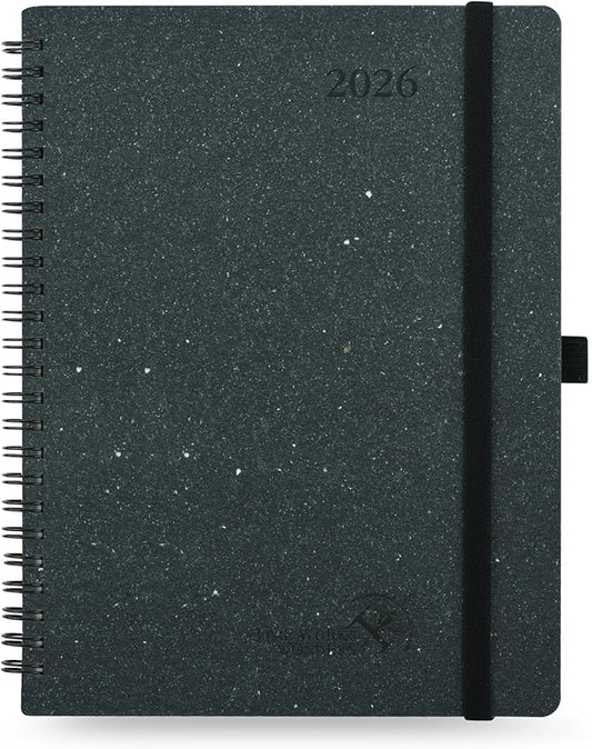 POPRUN 2026 Planner - 2026 Recycled Weekly Planner [Italian Regenrated Leather - Medium Size 6.5'' x 8.5''] - 2026 Weekly Planner with Hourly Schedule, Monthly Tabs-26-WERO7-BGY - Black Grey