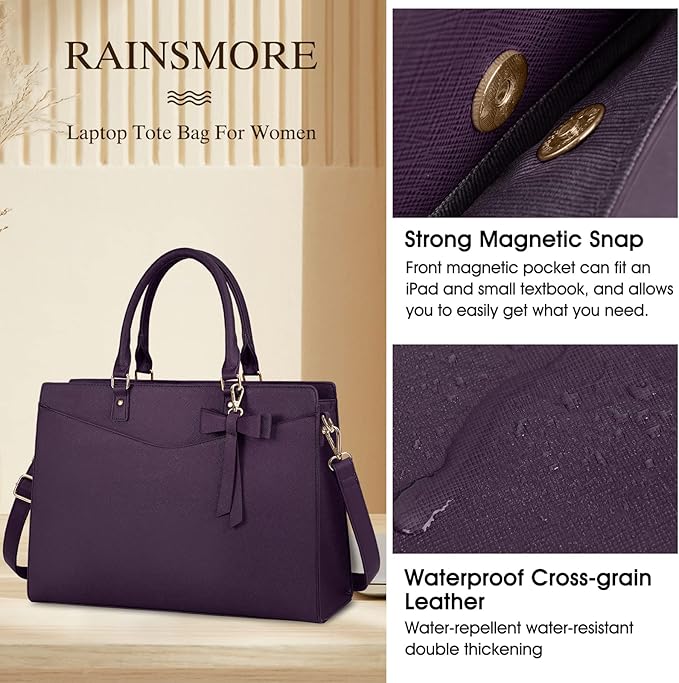 RAINSMORE Laptop Bag for Women 15.6 Inch PU Tote Bag Business Work Bag Waterproof Briefcase Computer Tote Lightweight Handbag Shoulder, Dark Purple