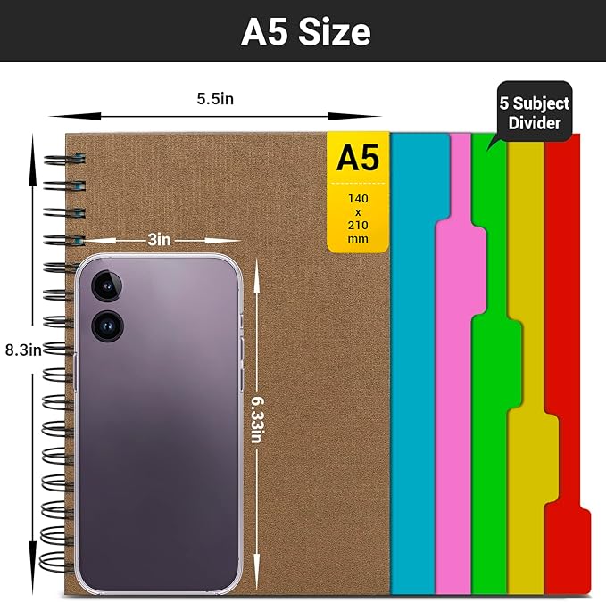 EUSOAR Notebook 5 Subject with Tabs, 1pcs A5 5.5"x8.3" Spiral College Ruled Writing Pad, 100GSM 120Sheets/ 240Pages of Lined Paper, Thick Hardcover, for Traveling Students, Office and Business, Kraft