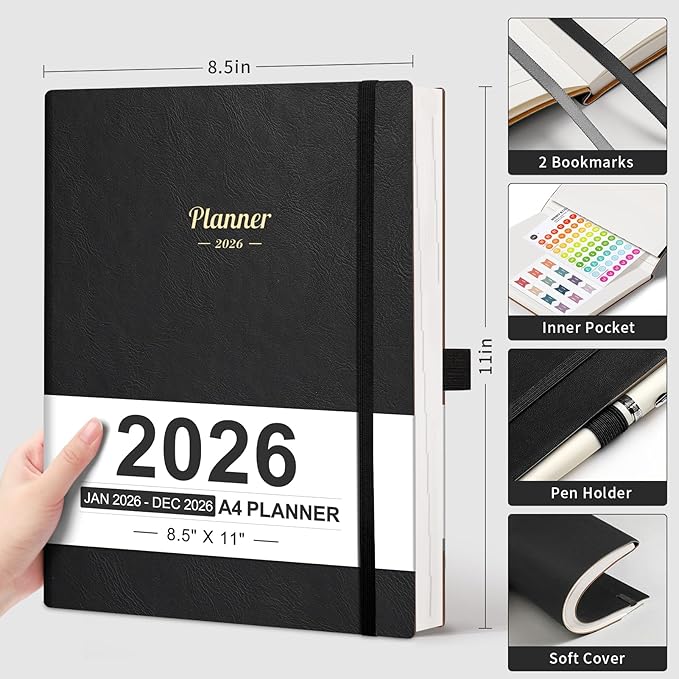 AHGXG 2026 Planner, Weekly and Monthly, Large A4 8.5"x11", Planner 2026-2027, Calendar 15-Months Jan 2026 - Mar 2027, Vegan Leather Softcover, Inner Pocket, Black