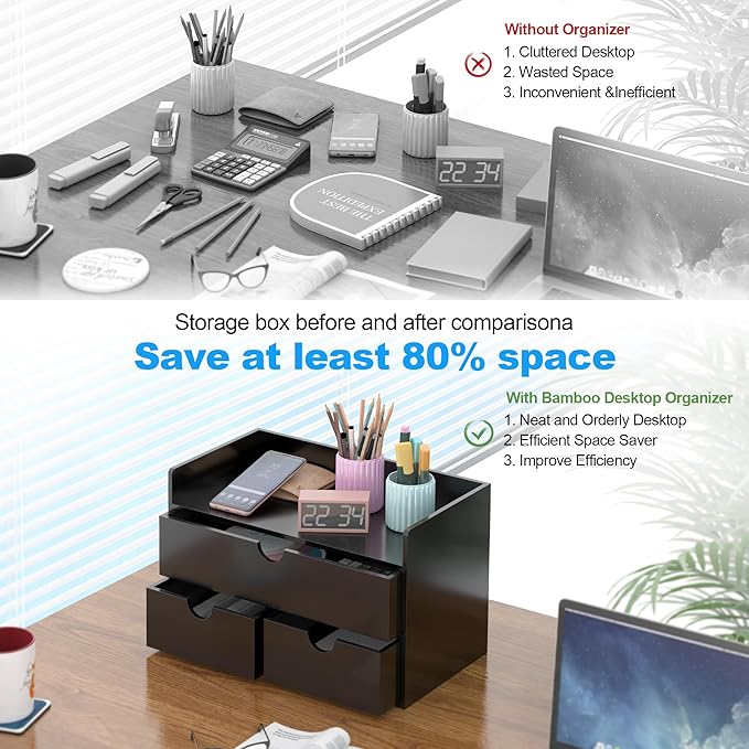 Bamboo Desk Organizer with Drawers Desktop Storage Drawers for Bills Office Supplies Kitchen Utensils Organizing Tool for Home Classroom Organization No Assembly (Black with Shelf)